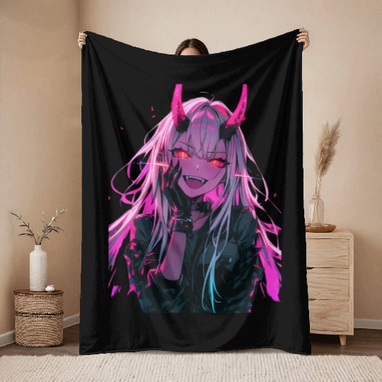 Anime Demon Girl Kawaii Waifu Japanese Anime Throw Blankets