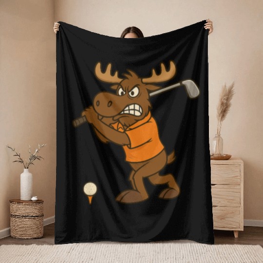 Angry Golf Moose Throw Blankets