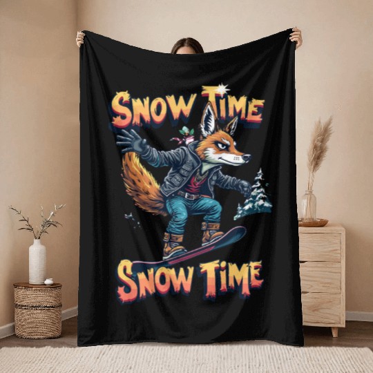 Snow Time Snowboarding Fox Adventure Artwork Throw Blankets