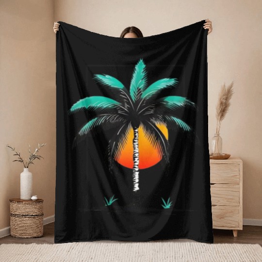 Grayscale Line Drawing Of A Central palm tree Throw Blankets