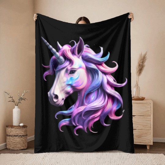 Magical Rainbow Unicorn Illustration Throw Blankets