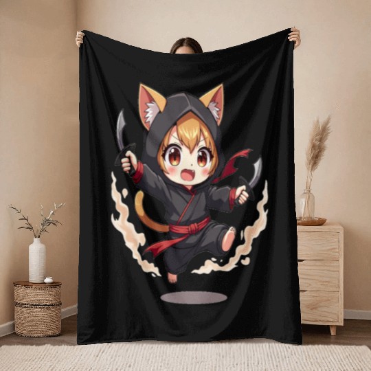 Chibi Ninja Cat Throw Blankets