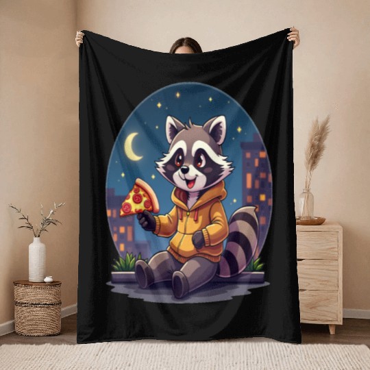 Raccoon Eating Pizza Throw Blankets