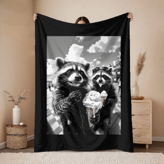 Feral Racoon Ice Cream Raccoon Selfie Throw Blankets