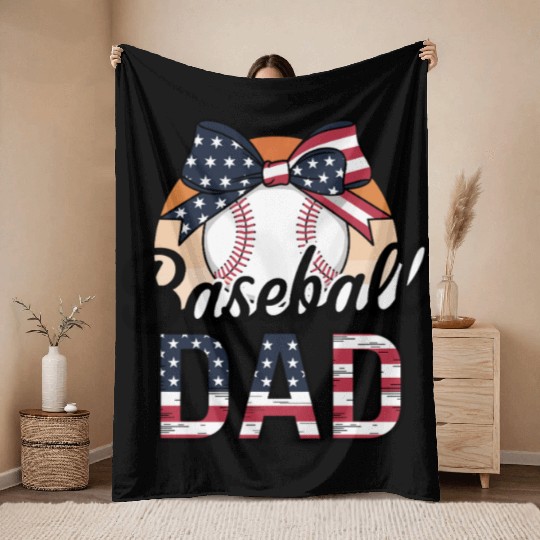 Patriotic Baseball Dad Bow Design For Proud Throw Blankets