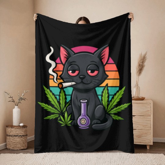 Cute Cat Smoking Weed Throw Blankets