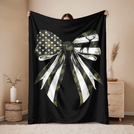 Coquette Bow Deer Hunting Camouflage US Flag Pride Throw Blankets