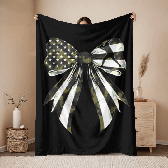 Coquette Bow Baseball Player Camouflage US Flag Throw Blankets