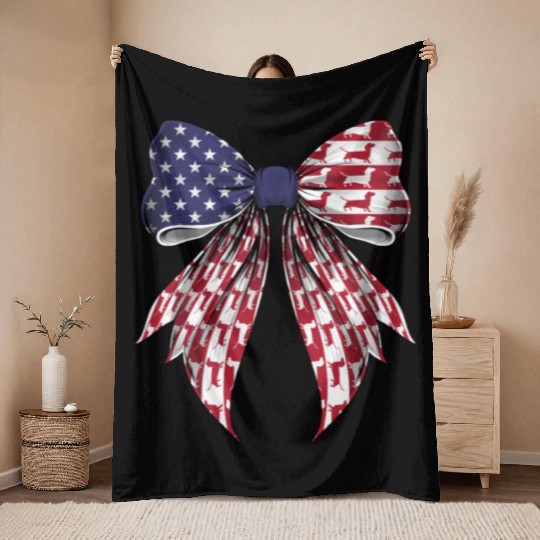 Coquette Bow Dachshund Dog US Flag Patriotic Throw Blankets