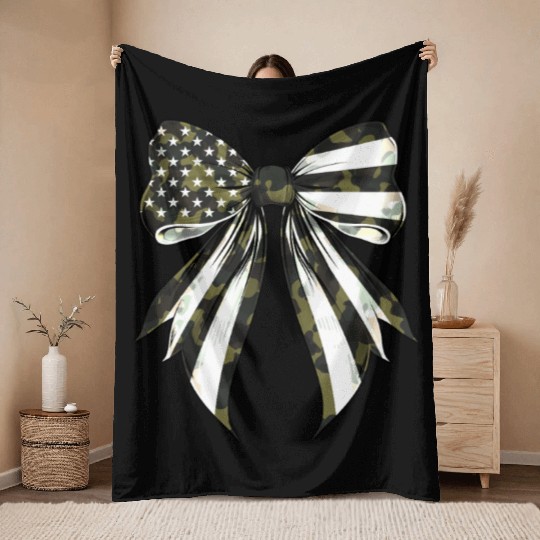 Coquette Bow Camouflage US Flag Pride Patriotic Throw Blankets