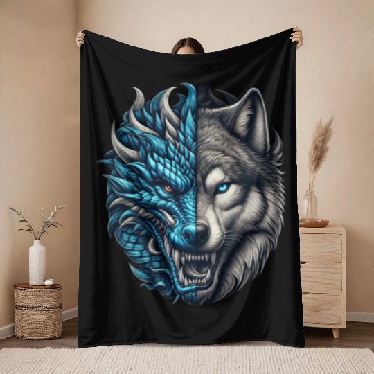 Dragon Wolf Fusion - Epic Beast Split Face Art Throw Blankets