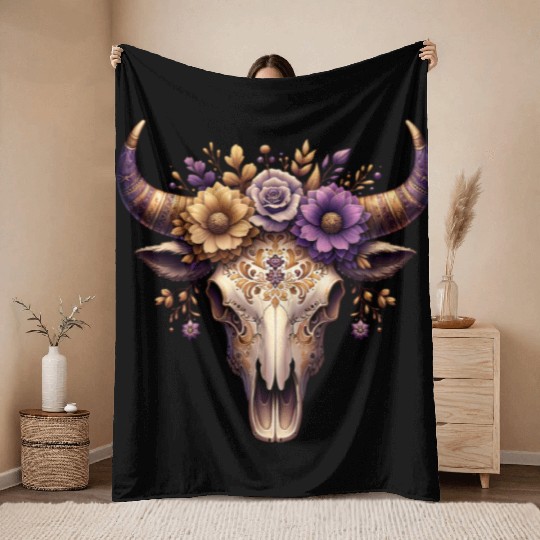 Boho Bull Skull with Floral – Western Bohemian Throw Blankets