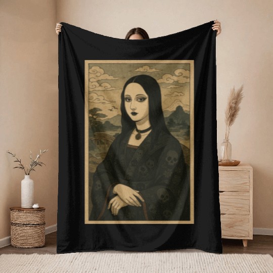 Gothic Geisha Mona Lisa Japanese Vintage Horror Throw Blankets