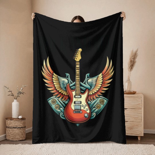 Vintage Retro 80s Rock Roll Music Guitar Wing Throw Blankets