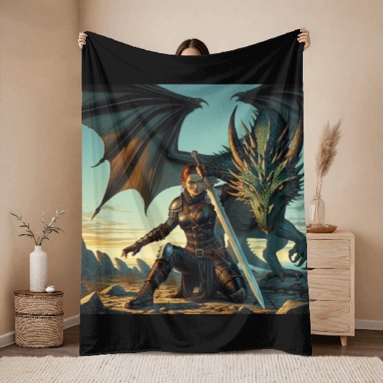 Warrior Woman & Dragon Throw Blankets