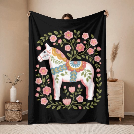 Swedish Spring Dala Horse Floral Art Throw Blankets