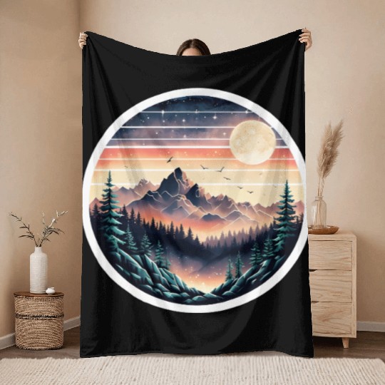 Retro 80s Gradient Sunset Mountain Sticker. Throw Blankets
