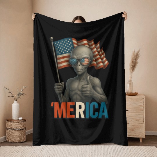 Thumbs Up Merica Alien 4th of July Funny Throw Blankets