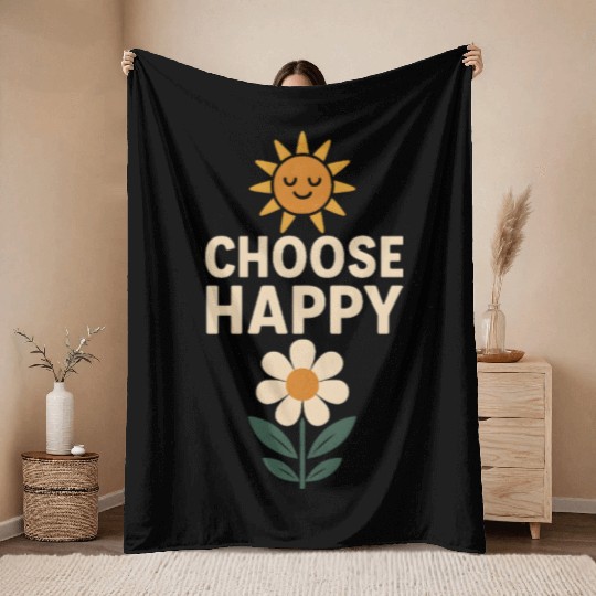 Choose Happy Retro Positivity Sun and Flower Throw Blankets