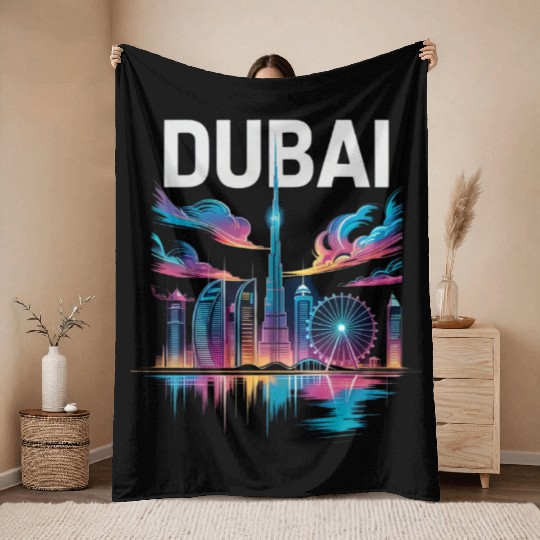 Dubai Skyline Neon Art Throw Blankets