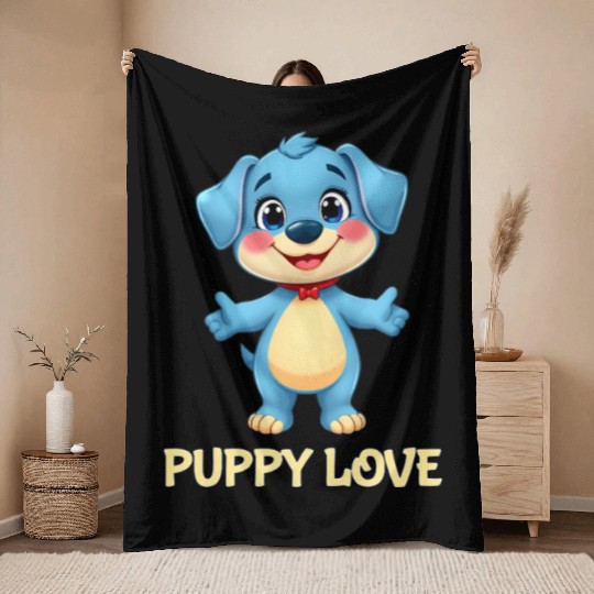 Blue Puppy Love Cartoon - Playful Pet Character Throw Blankets