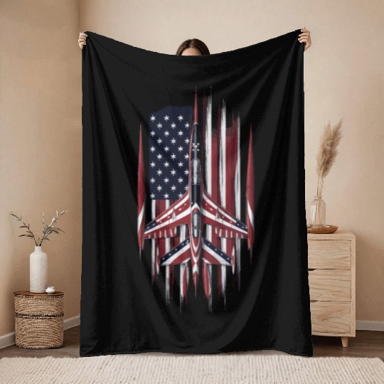 Patriotic Fighter Jet American Flag Art Throw Blankets