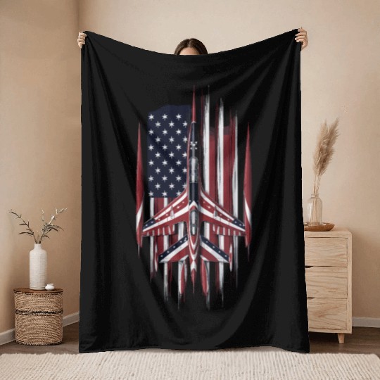 Patriotic Fighter Jet American Flag Art Throw Blankets