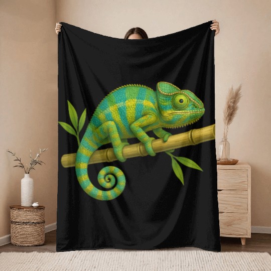 Colorful Chameleon on Bamboo Branch Throw Blankets