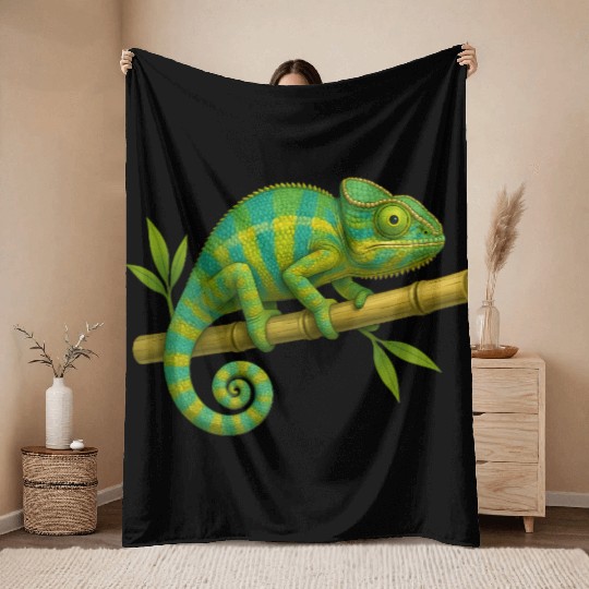 Colorful Chameleon on Bamboo Branch Throw Blankets