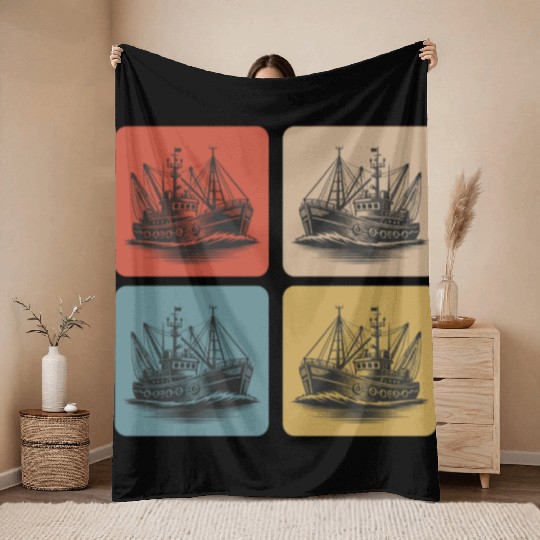 Vintage fishing boat - Maritime Nostalgia Throw Blankets