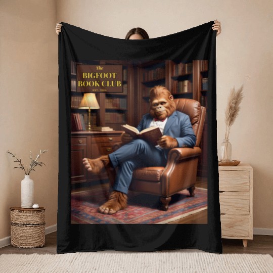 Bigfoot Book Club Sasquatch Reading in the Library Throw Blankets