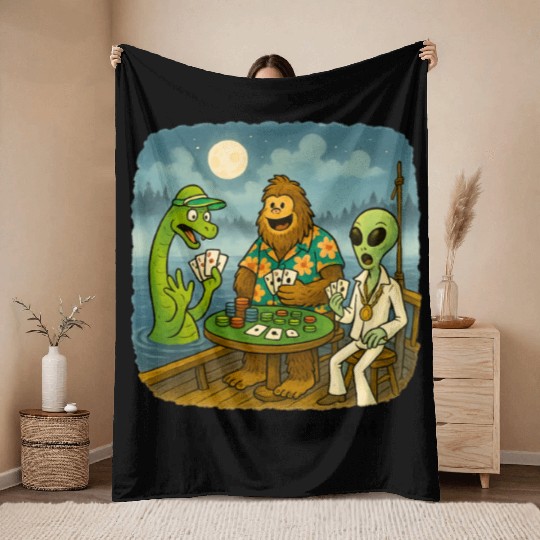 Bigfoot, Nessie and an Alien Play Poker - Cryptid Throw Blankets