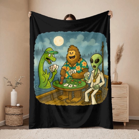 Bigfoot, Nessie and an Alien Play Poker - Cryptid Throw Blankets