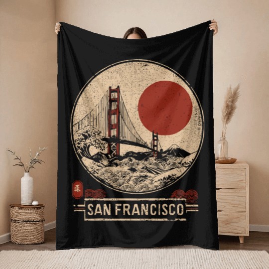 San Francisco - Woodblock Print Throw Blankets