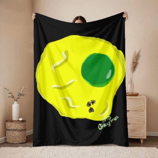 Yellow and green fried egg and flies Throw Blankets