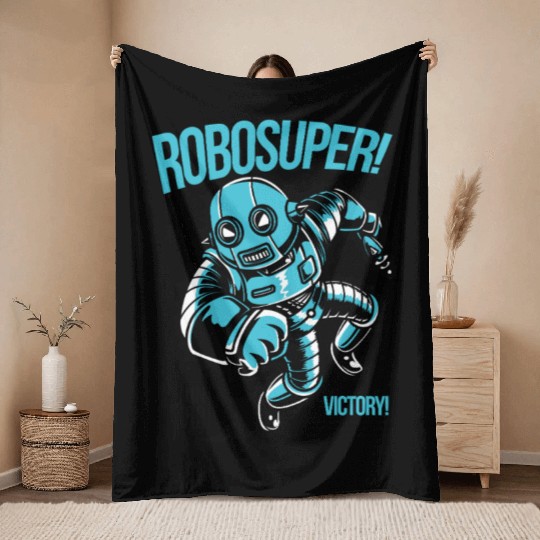 Robosuper Victory Bot – Retro Futuristic Robot Throw Blankets
