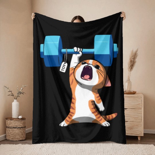 Workout Strength! Tiny Warrior Cat Huge Muscles. Throw Blankets