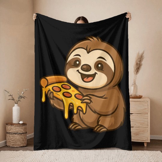 Cute sloth cartoon pizza pizza lovers fun Throw Blankets