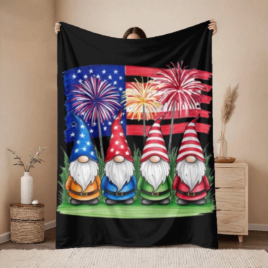Patriotic Gnomes Fireworks American Flag Throw Blankets