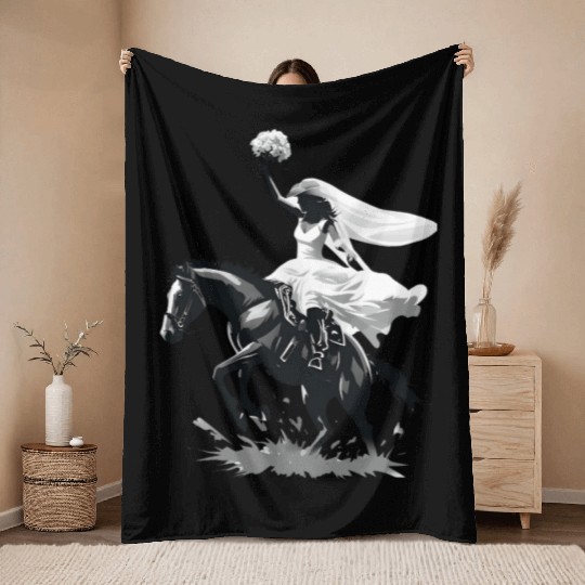 Western Cowgirl Bride on Bucking Horse – Grayscale Throw Blankets