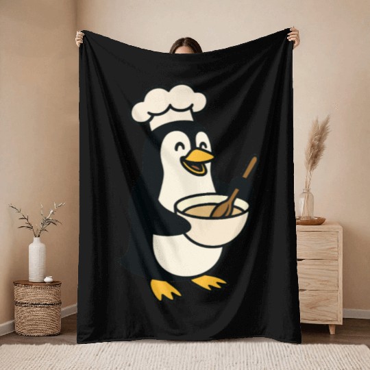 Adorable Cooking Penguin Chef Throw Blankets