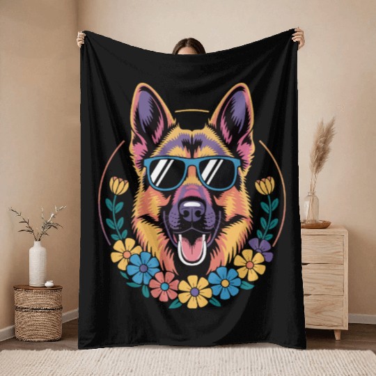 Trendy German Shepherd in Floral Style Throw Blankets