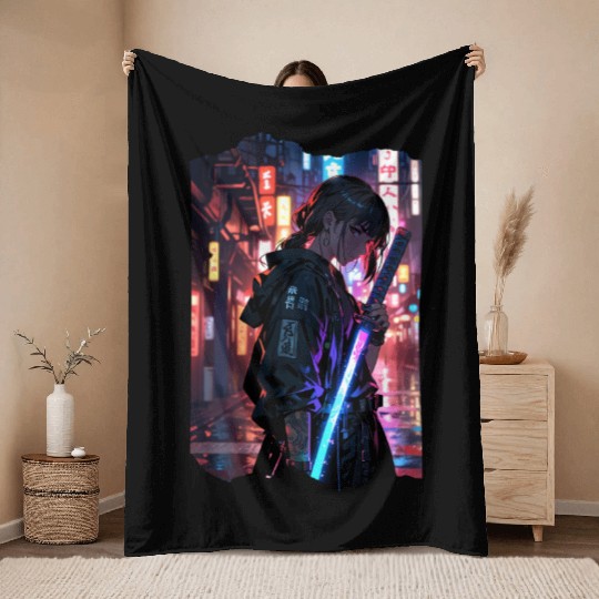 Cyberpunk Samurai Girl Throw Blankets