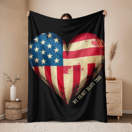 My Heart Beats True American Flag Throw Blankets