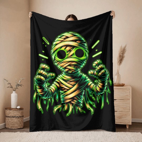 Neon Mummy Glow – Cursed Undead Wrap Throw Blankets