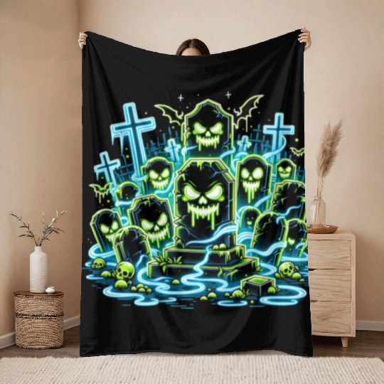 Neon Tomb Uprising – Glowing Graveyard Ghouls Throw Blankets