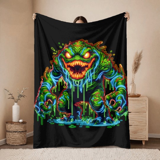 Neon Swamp Beast – Toxic Terror Throw Blankets