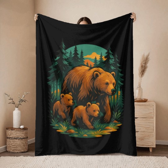 Mama Bear and Cubs Forest Throw Blankets – Bold Wildlife