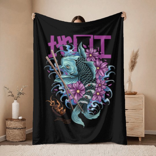 Tattoo Koi Fish & Sakura Flowers – Japanes Art Throw Blankets