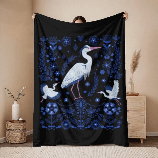 Great Blue Heron Folk Art Throw Blankets